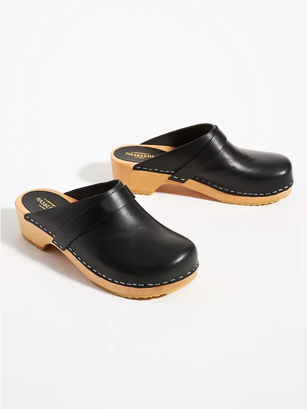 Swedish Hasbeens Black Leather Clogs with Natural Wood Sole